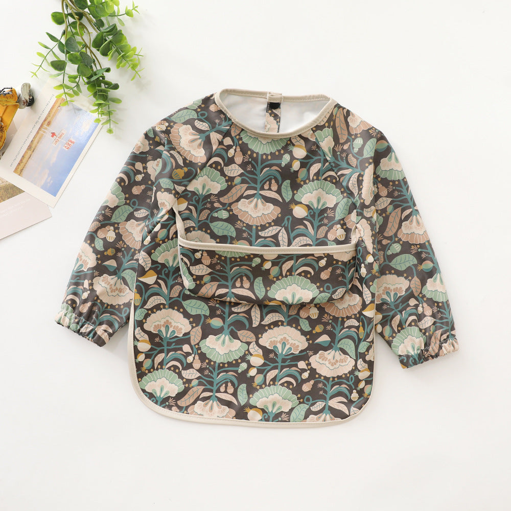 Forest Floral Print Full-Sleeve Waterproof Baby Bib with Pocket