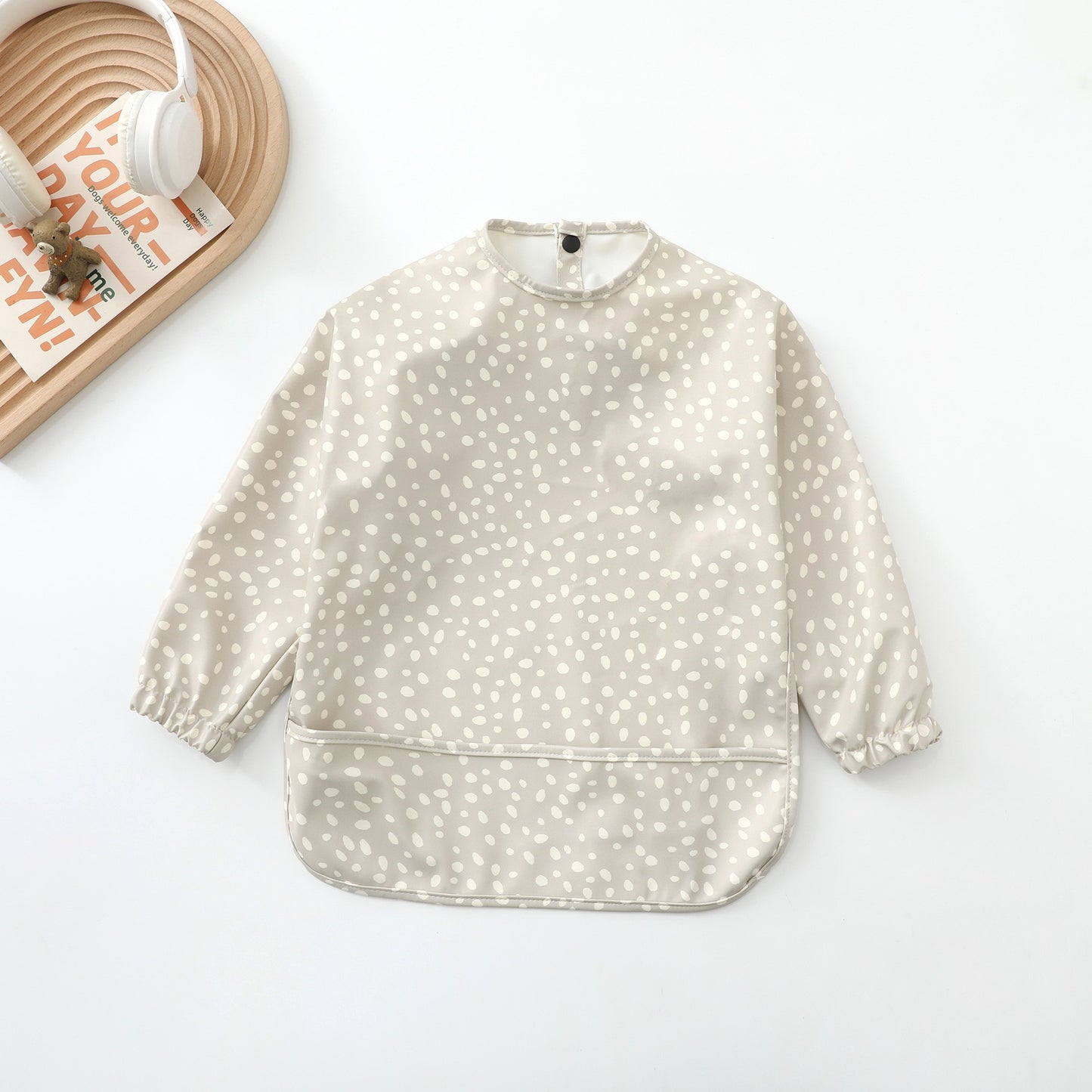 Grey Polka -Waterproof Long-Sleeve Baby Bib